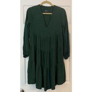 Anthropologie Maeve Long Sleeve Tiered Mini Dress Tunic XS Green Ruffled V Neck